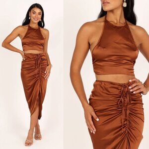 Mable x Petal & Pup NEW Angelique Open Back Satin Cognac Matching Set Size S